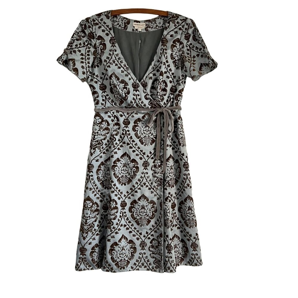 Emporio Armani Silver Brown Flocked Floral Design Faux Wrap Dress Size 8